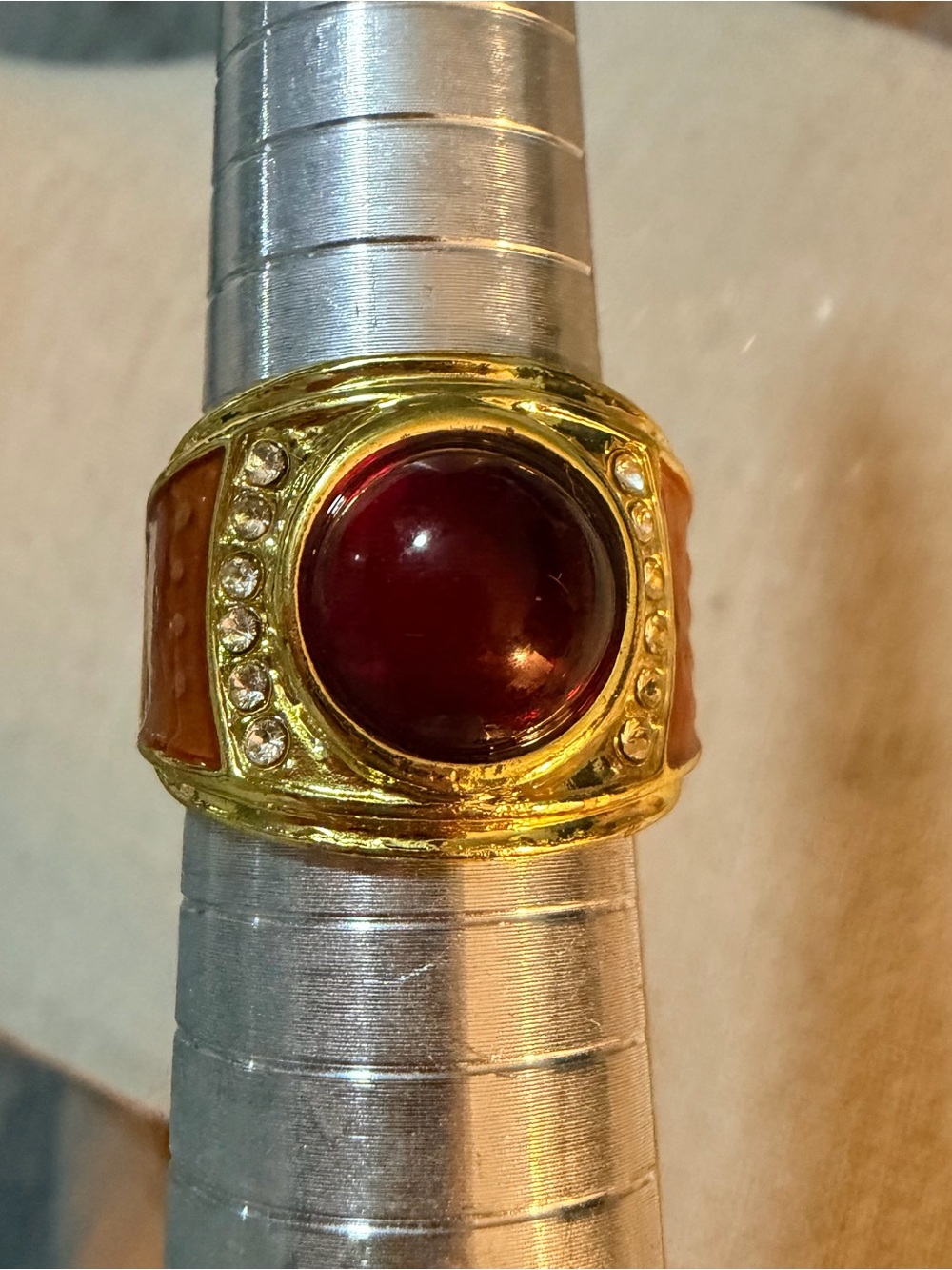Gold-Tone Red Cabochon Statement Ring